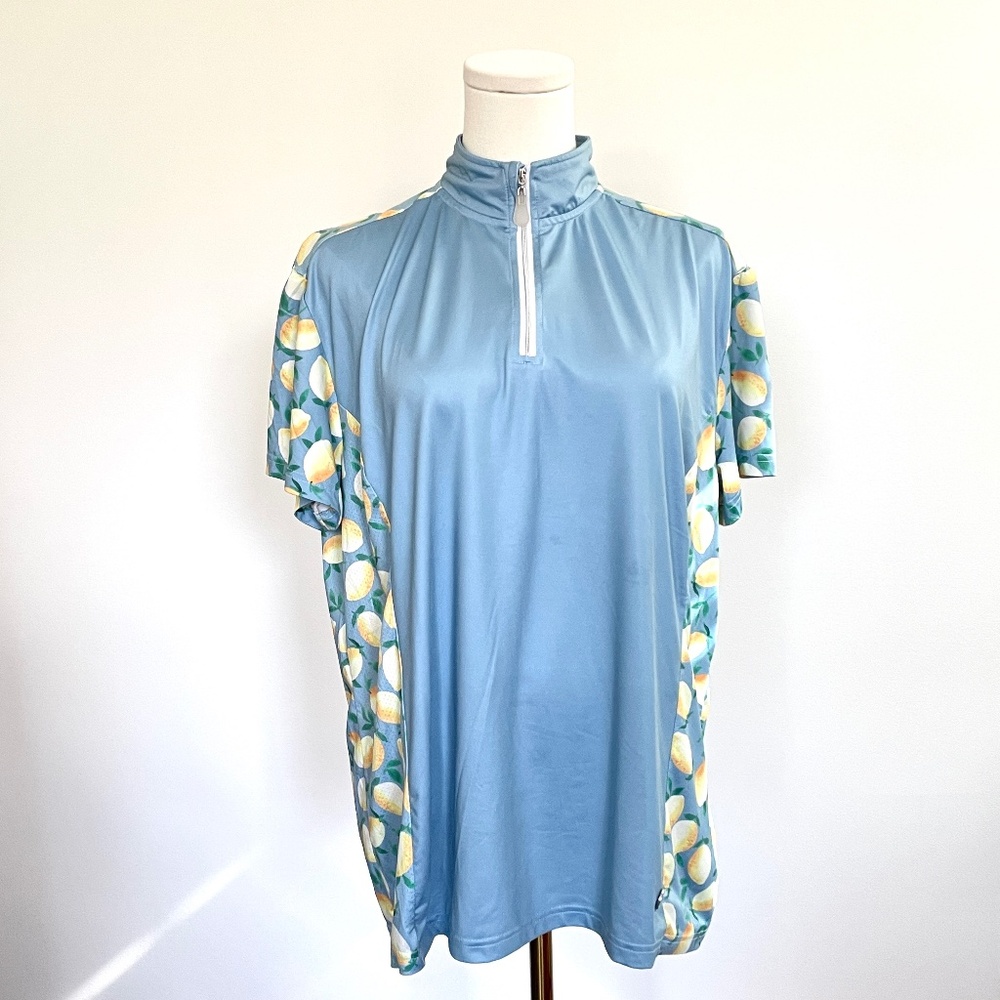 HKM Equestrian Riding Top Shirt Womens 2XL Blue Lemon  Quarter Zip Stretch Mesh